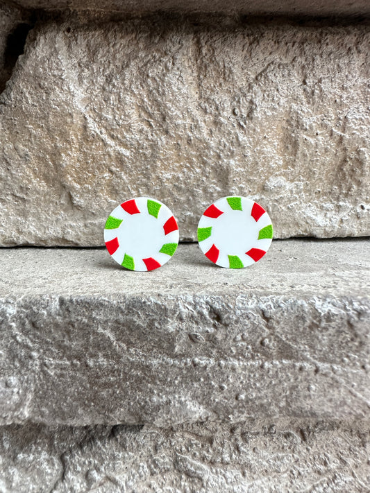 Green & Red Peppermint Candy Round Stud | Christmas Earrings