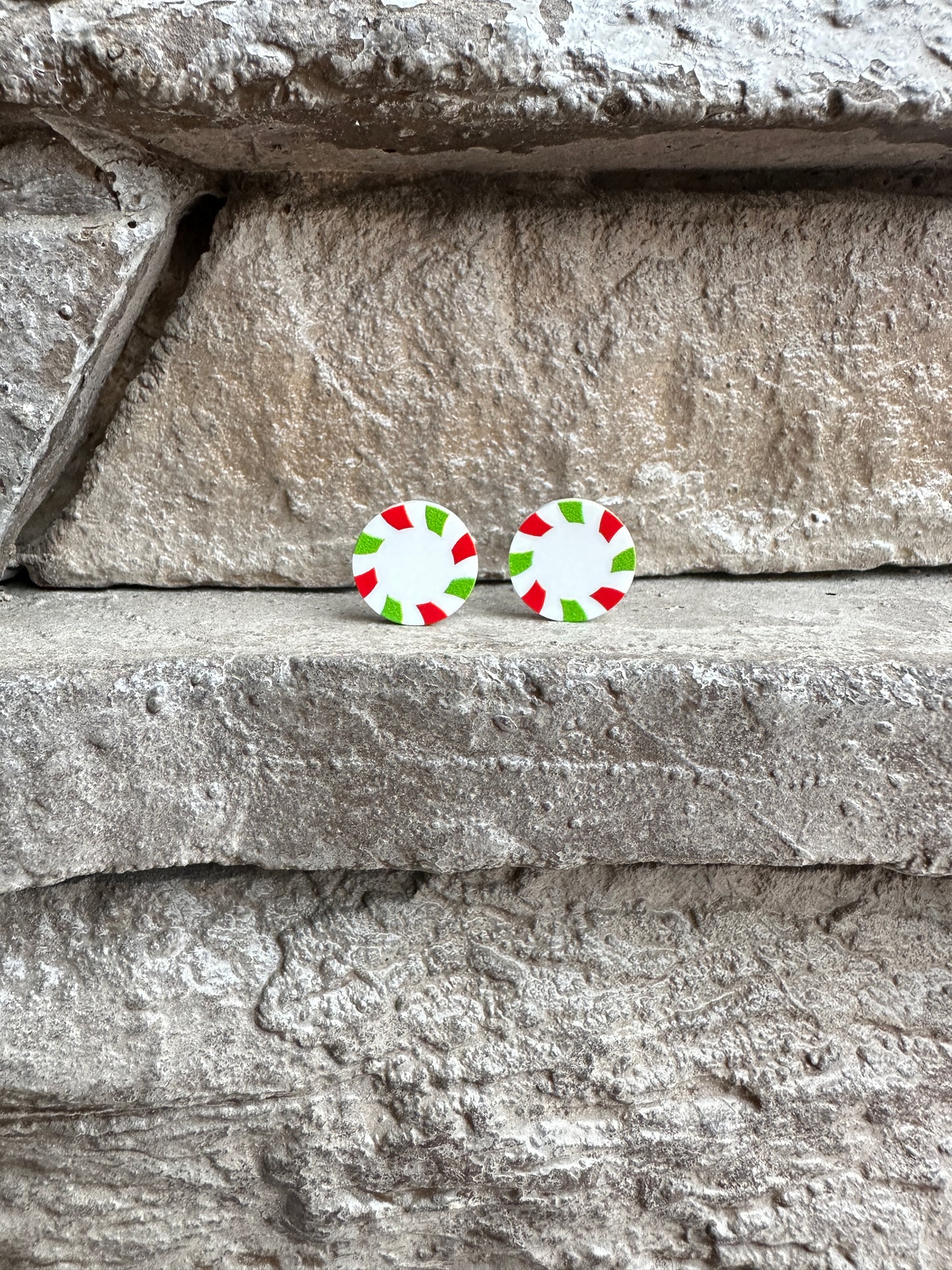 Green & Red Peppermint Candy Round Stud | Christmas Earrings