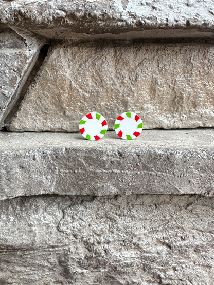 Green & Red Peppermint Candy Round Stud | Christmas Earrings