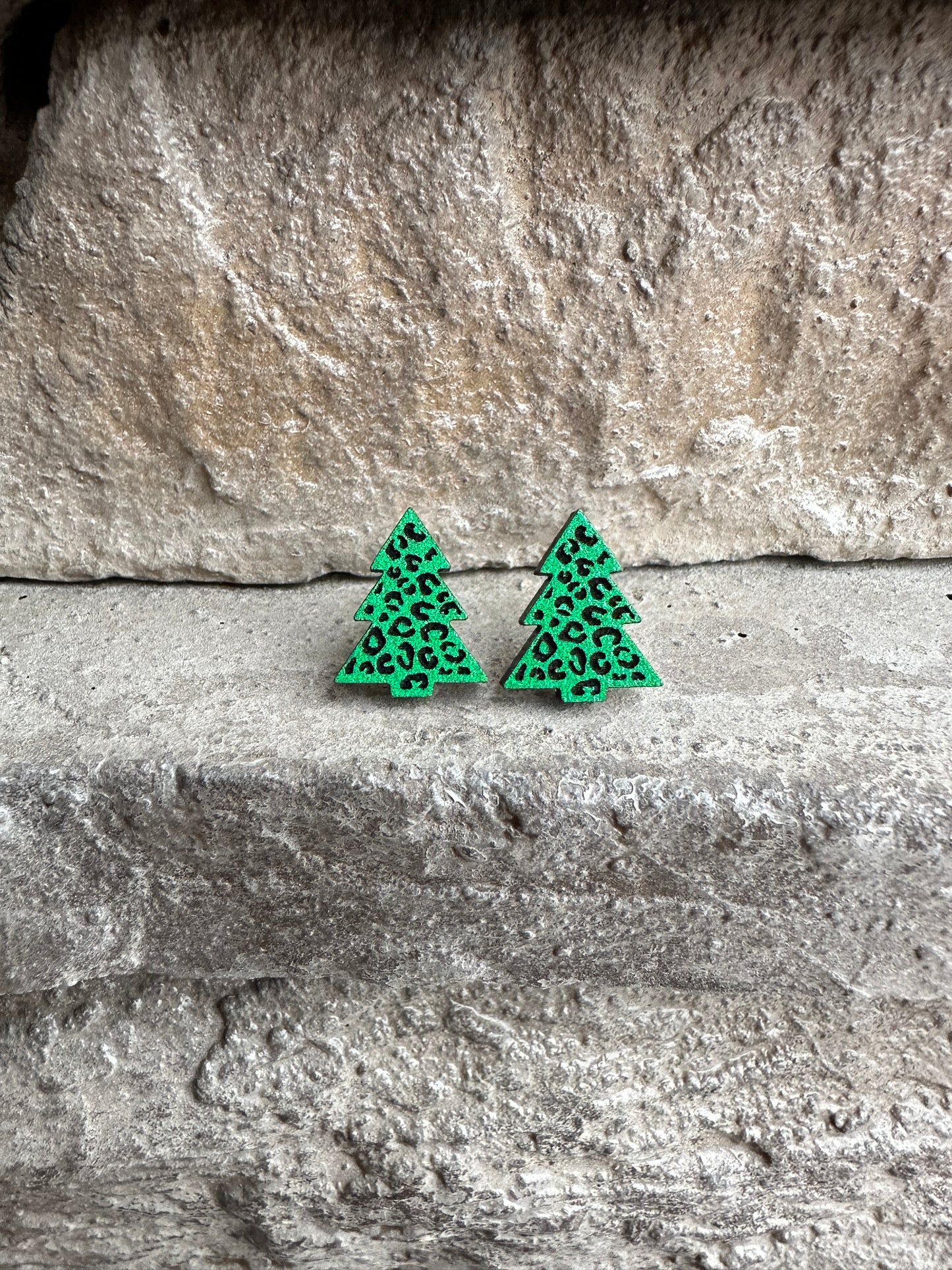 Green Leopard Christmas Tree Wood Earrings