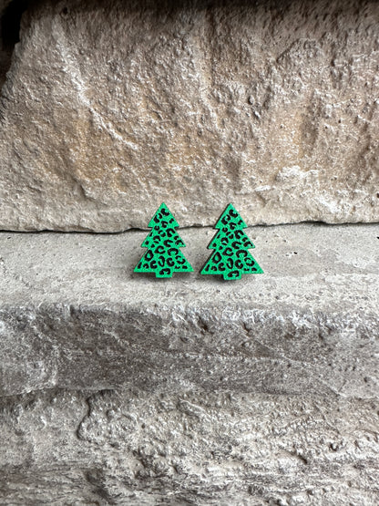 Green Leopard Christmas Tree Wood Earrings