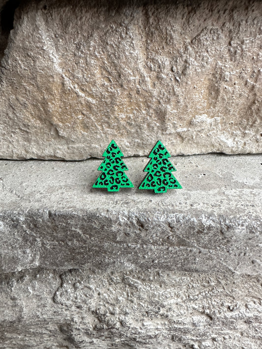 Green Leopard Christmas Tree Wood Earrings