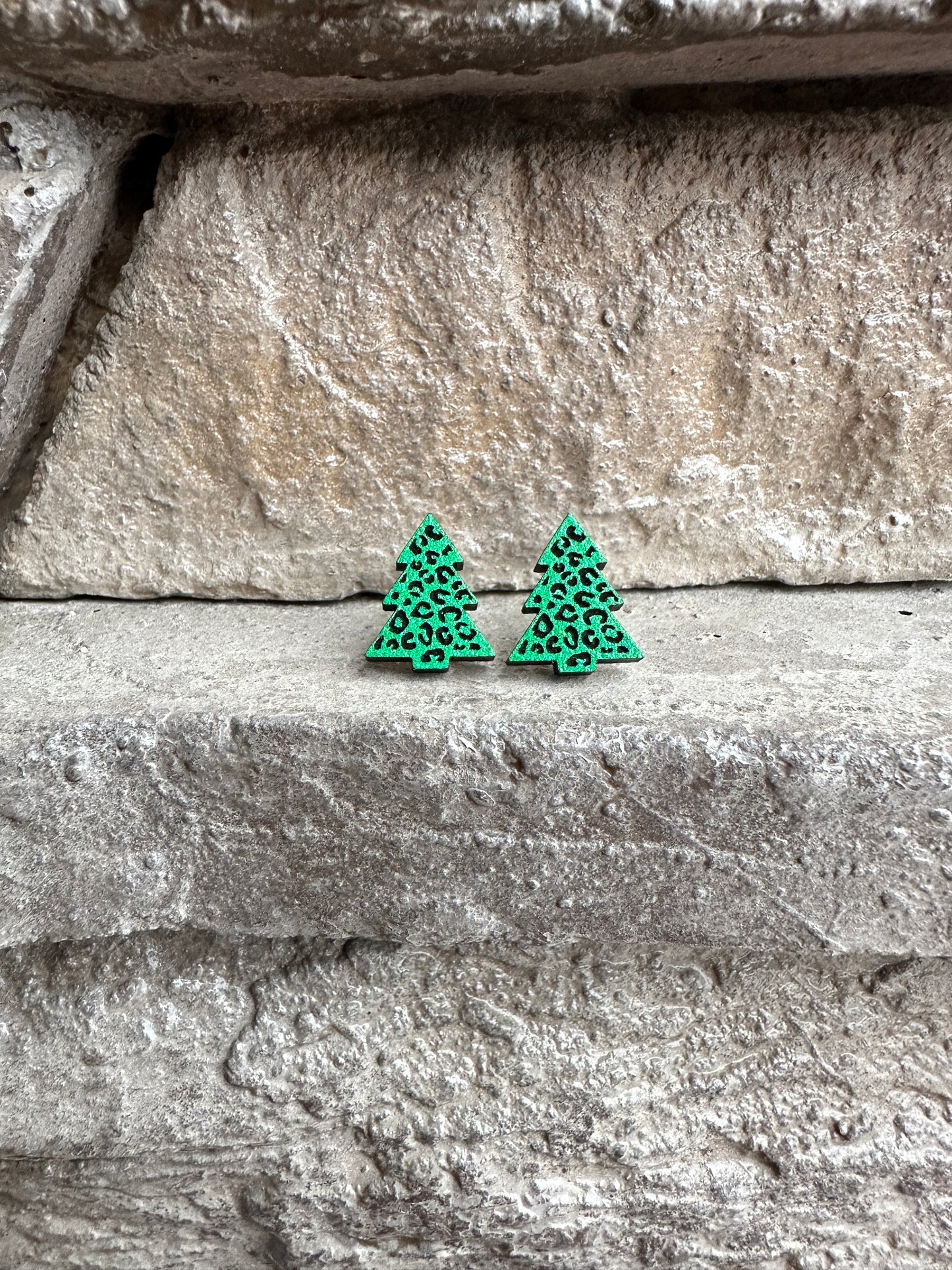 Green Leopard Christmas Tree Wood Earrings