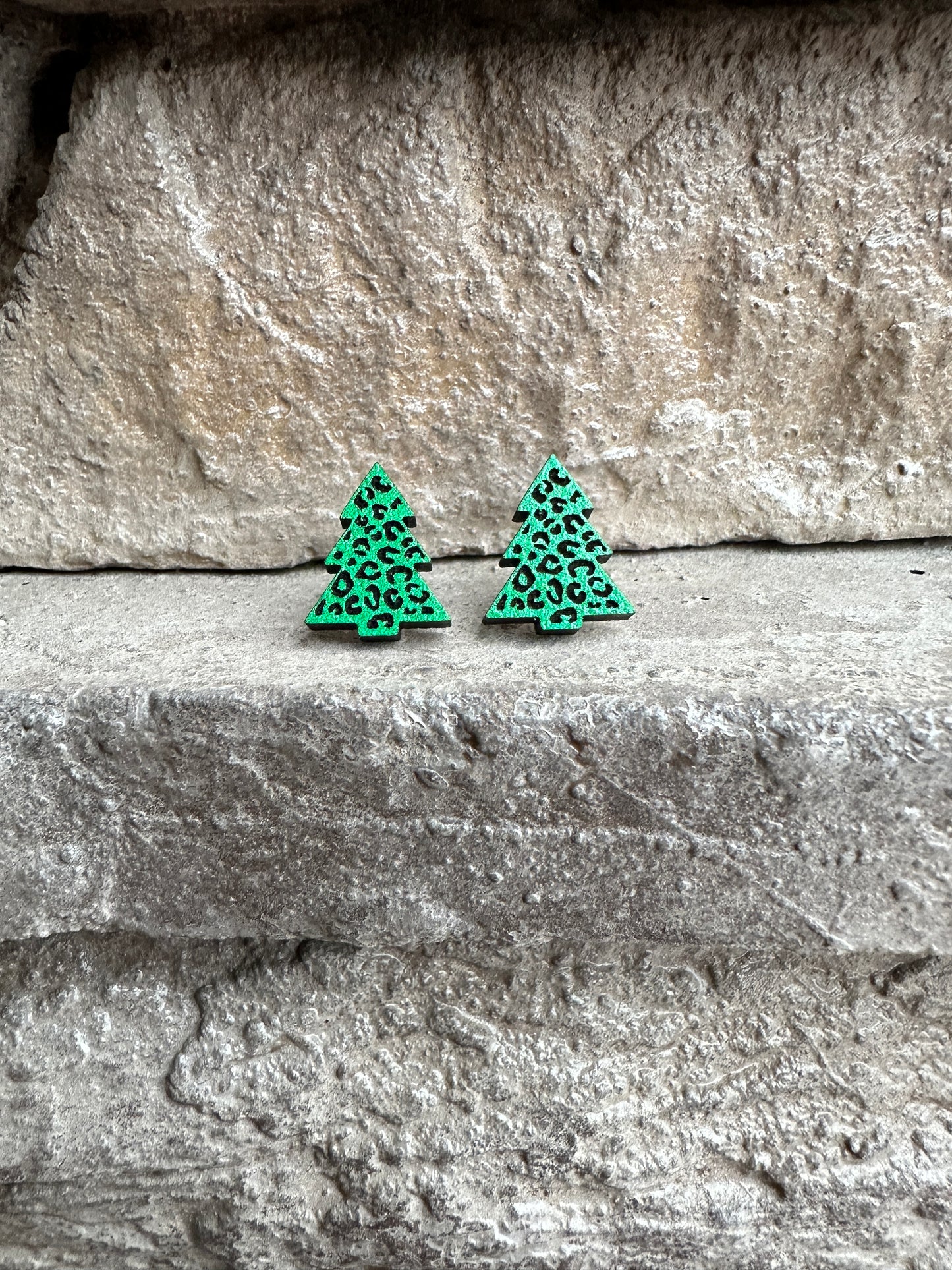 Green Leopard Christmas Tree Wood Earrings