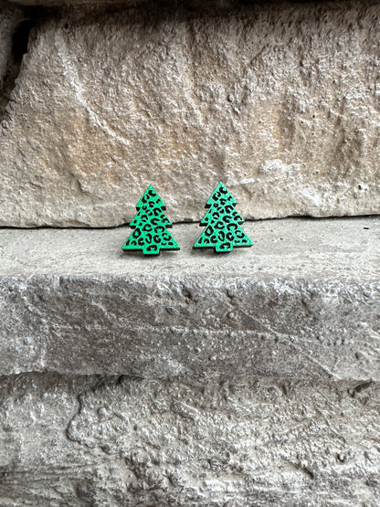 Green Leopard Christmas Tree Wood Earrings