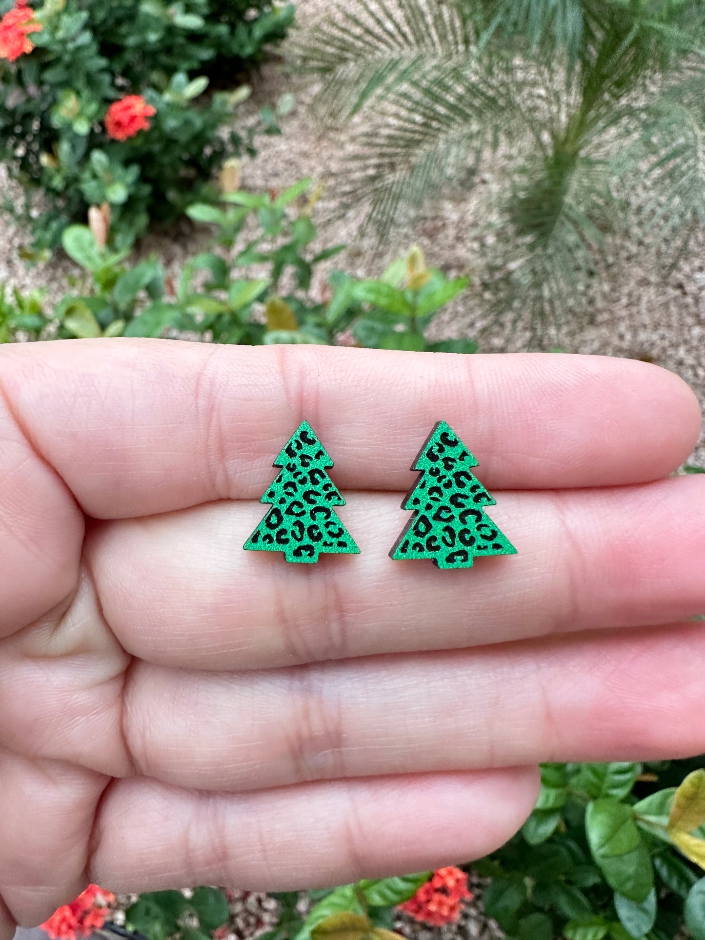 Green Leopard Christmas Tree Wood Earrings