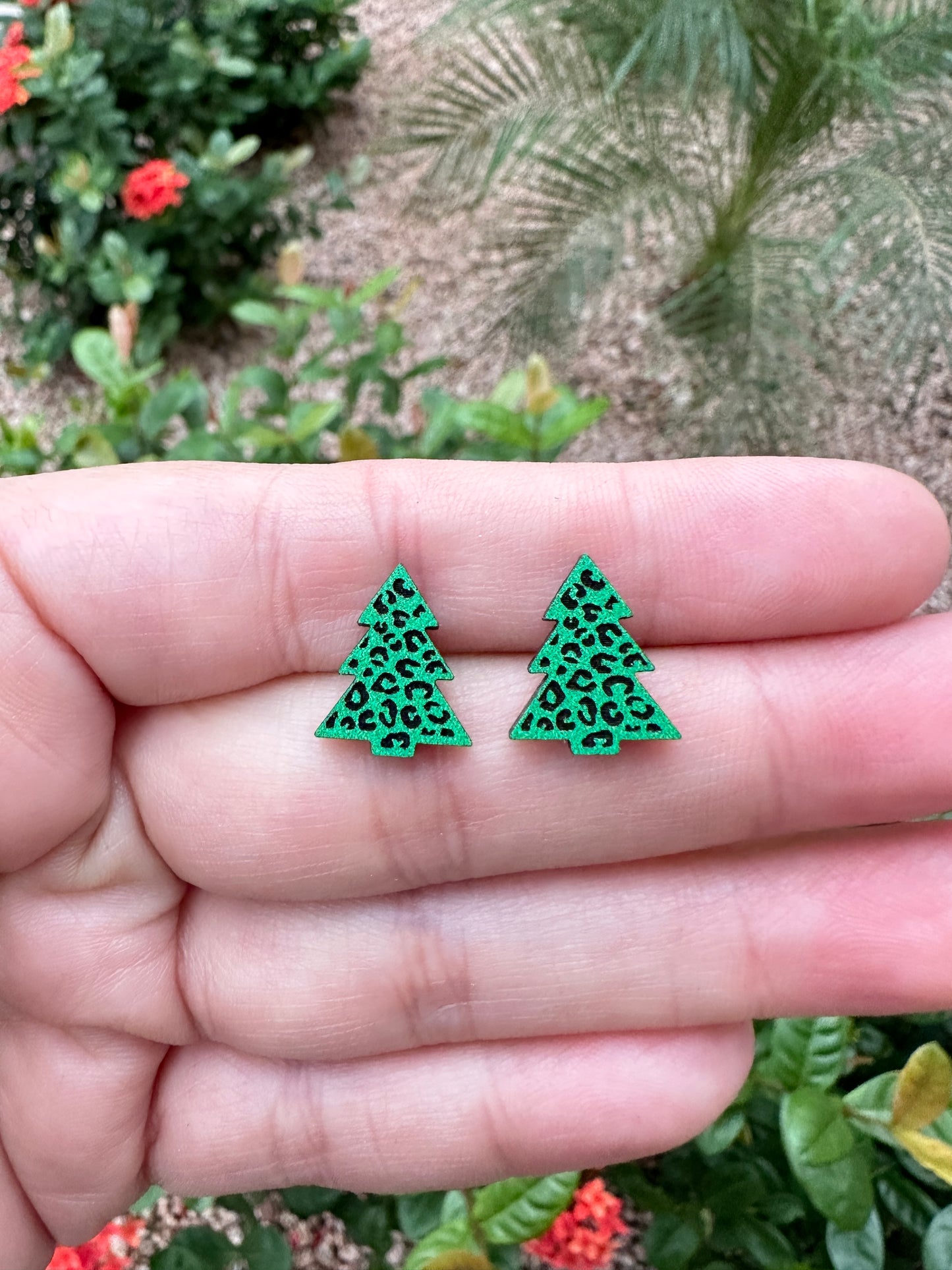 Green Leopard Christmas Tree Wood Earrings