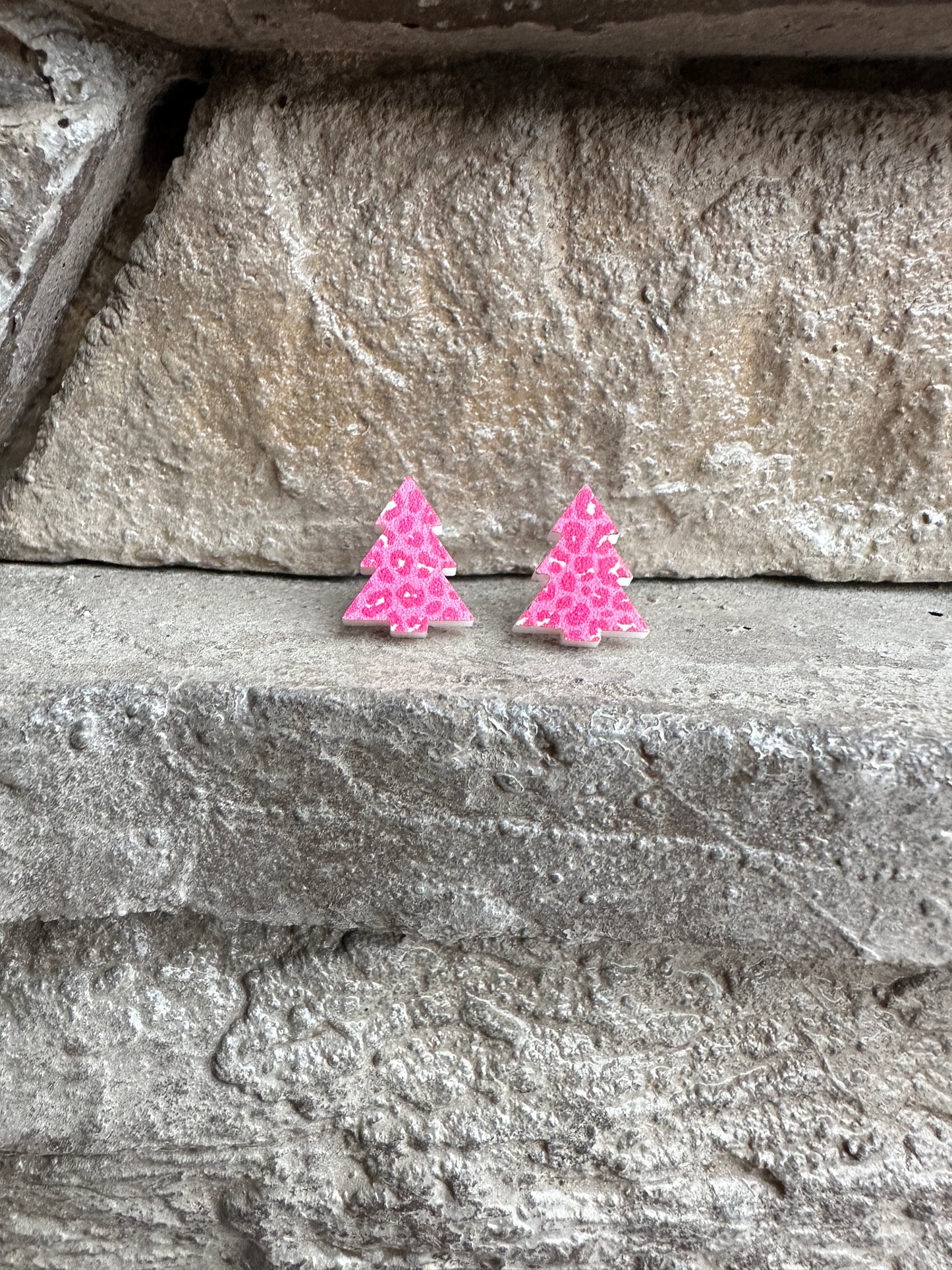 Pink Leopard Print Christmas Tree Stud | Christmas Earrings
