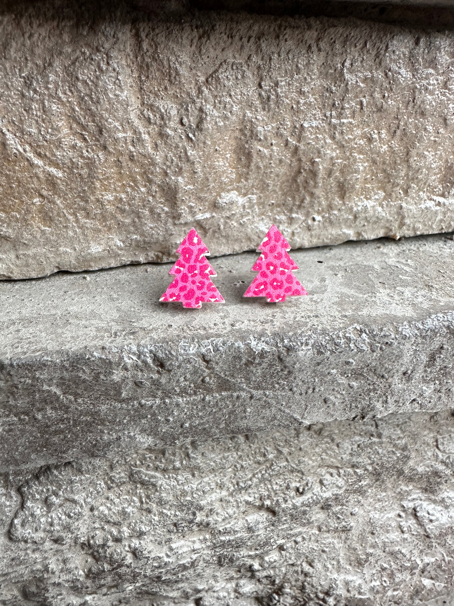 Pink Leopard Print Christmas Tree Stud | Christmas Earrings