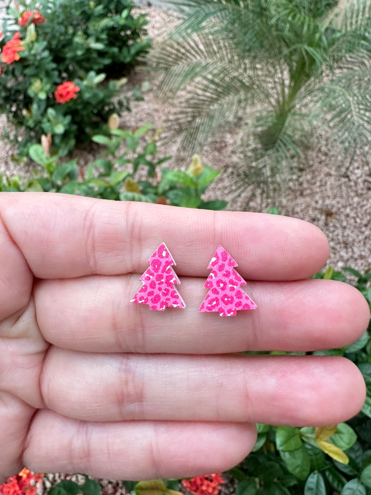 Pink Leopard Print Christmas Tree Stud | Christmas Earrings