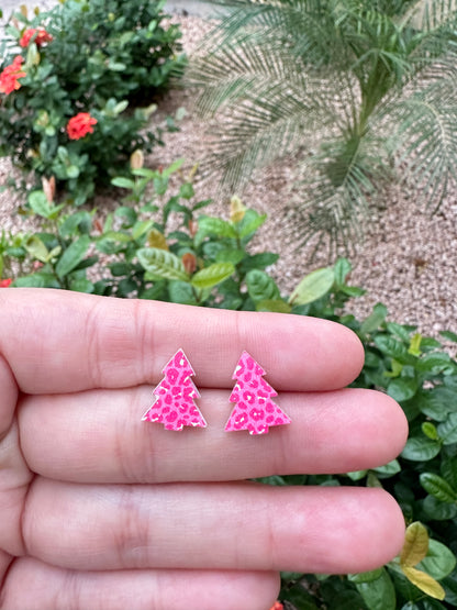 Pink Leopard Print Christmas Tree Stud | Christmas Earrings