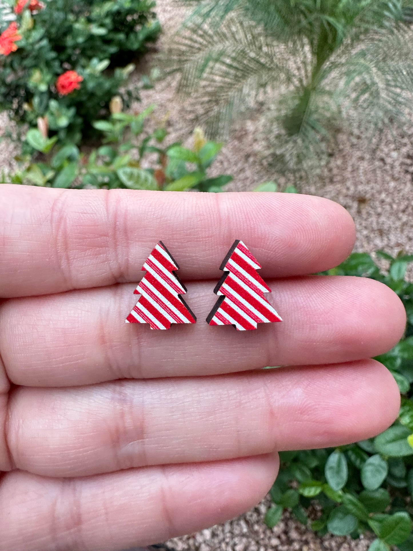 Peppermint Christmas Tree Wood Earrings