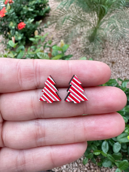 Peppermint Christmas Tree Wood Earrings