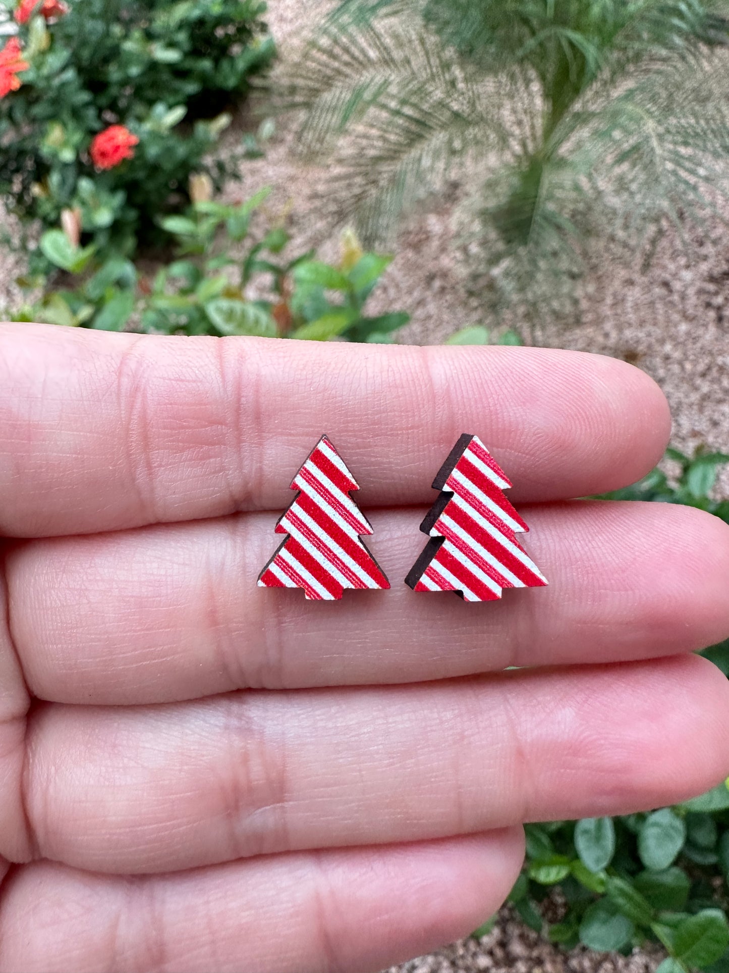 Peppermint Christmas Tree Wood Earrings
