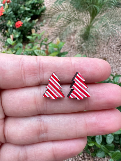 Peppermint Christmas Tree Wood Earrings
