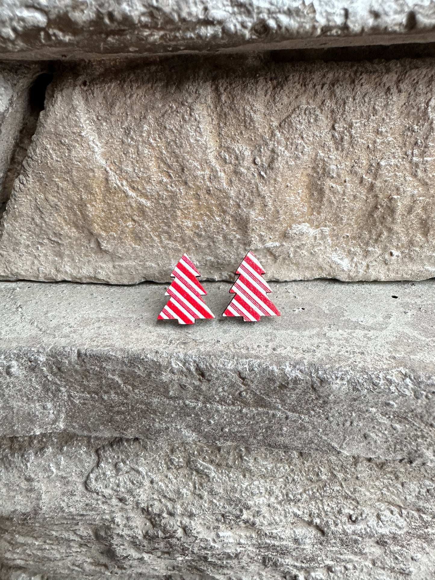 Peppermint Christmas Tree Wood Earrings