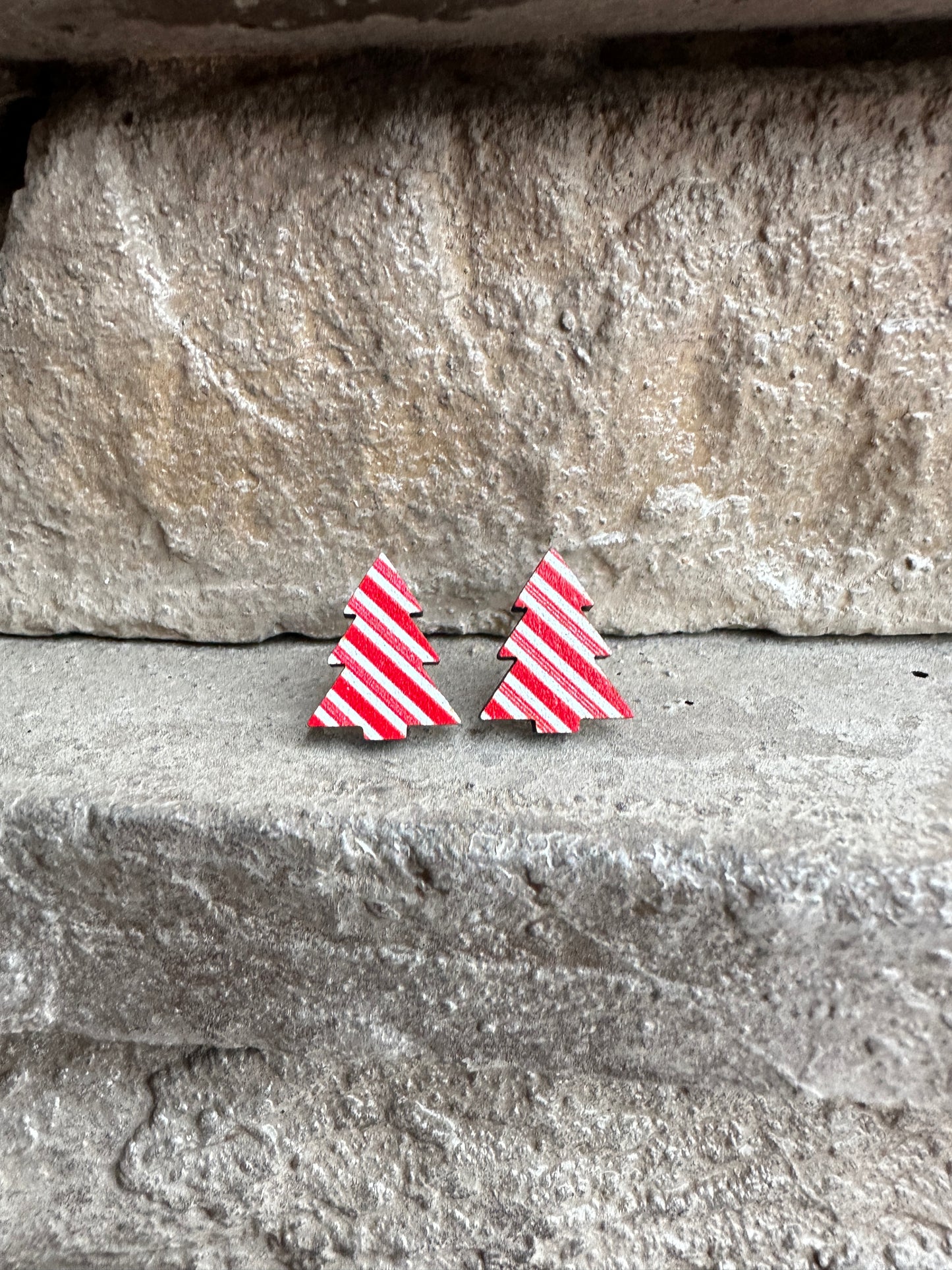 Peppermint Christmas Tree Wood Earrings