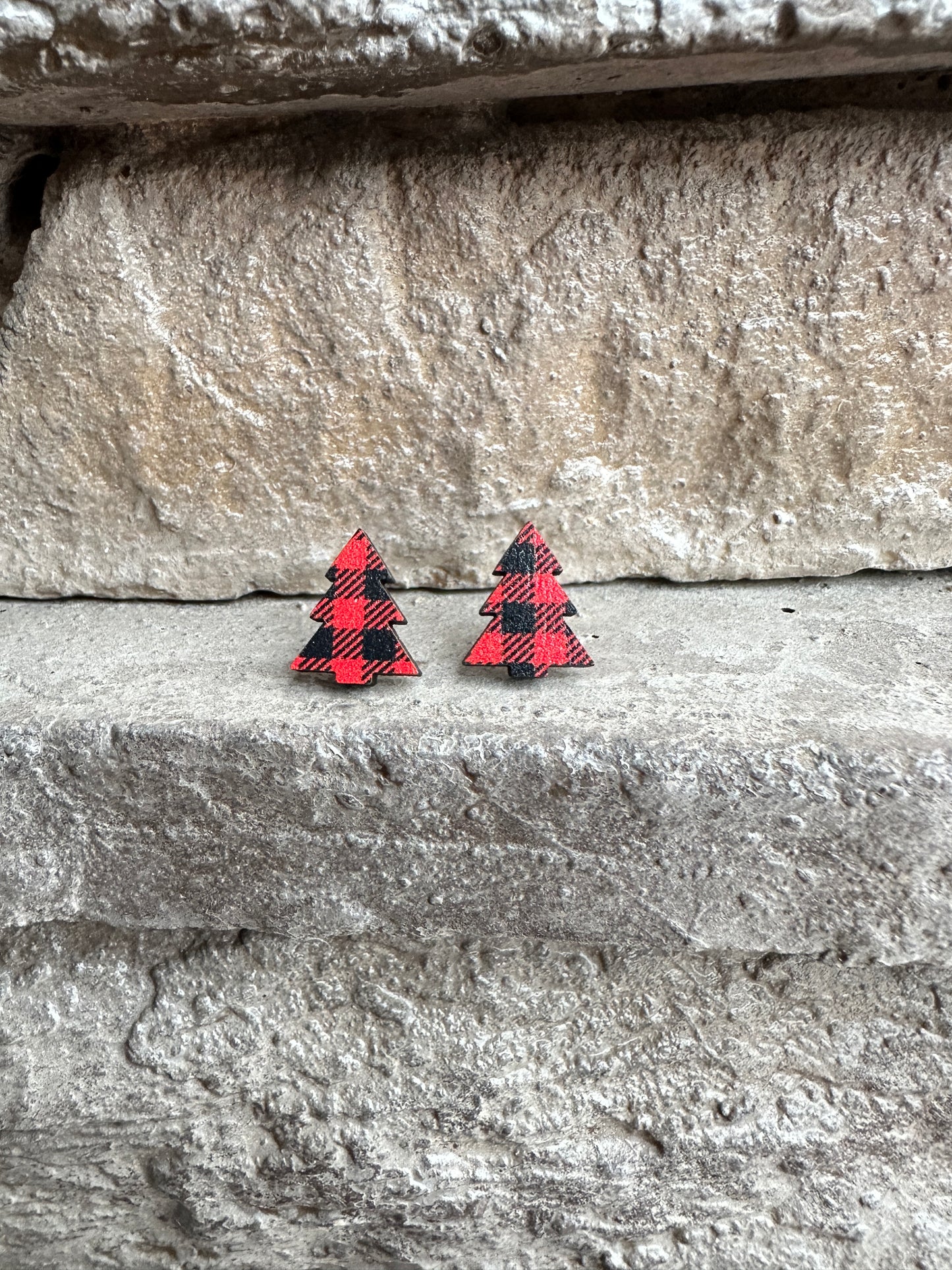 Red Buffalo Plaid Christmas Tree Stud | Christmas Earrings