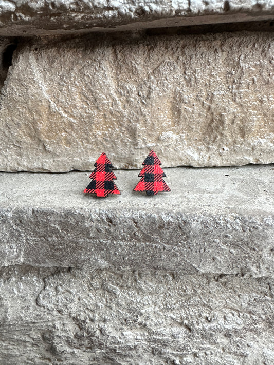 Red Buffalo Plaid Christmas Tree Stud | Christmas Earrings