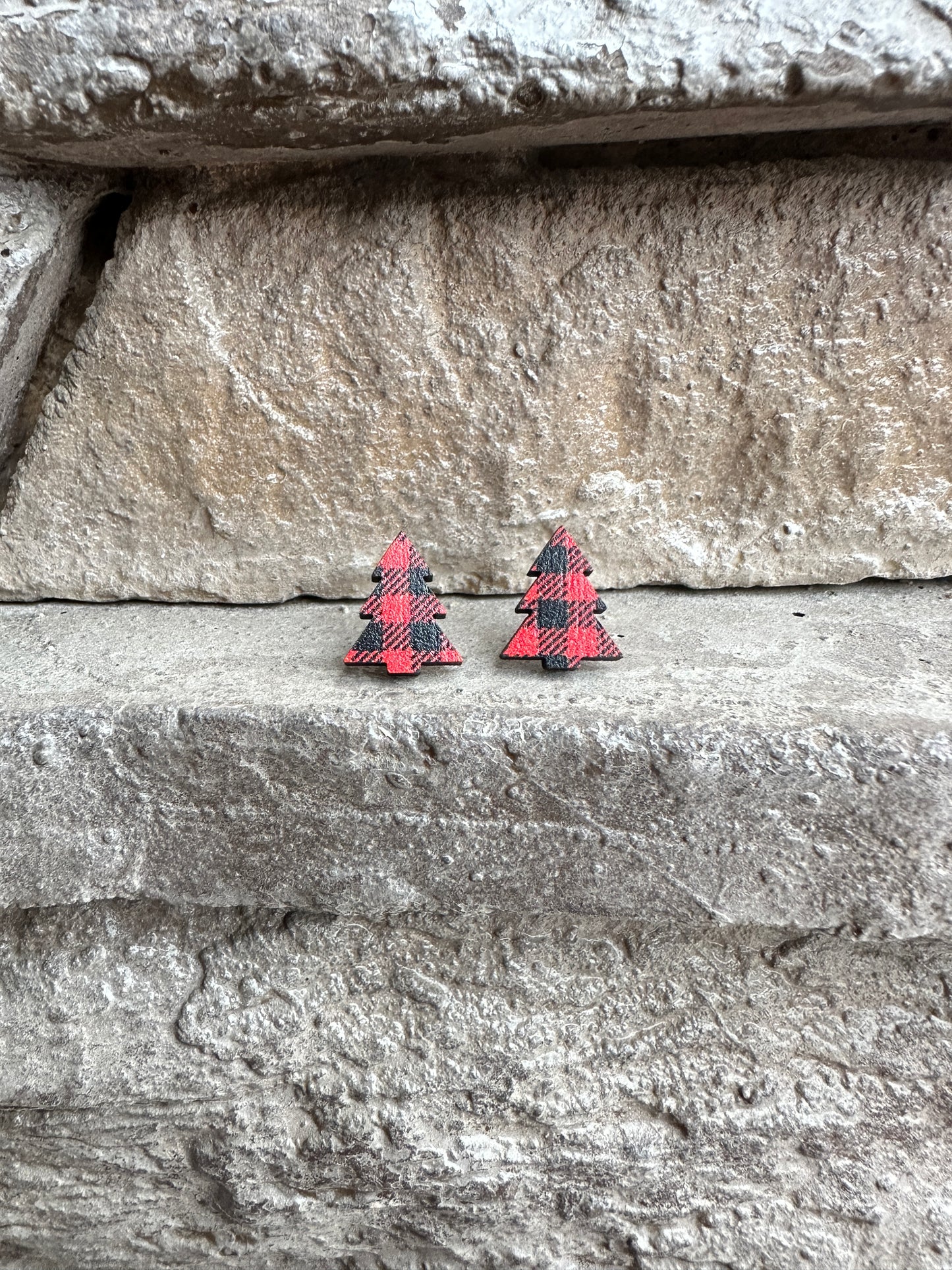 Red Buffalo Plaid Christmas Tree Stud | Christmas Earrings