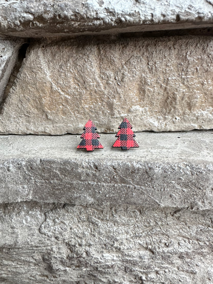 Red Buffalo Plaid Christmas Tree Stud | Christmas Earrings