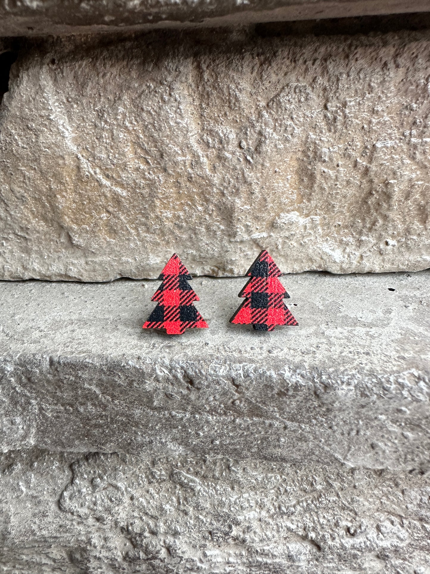 Red Buffalo Plaid Christmas Tree Stud | Christmas Earrings