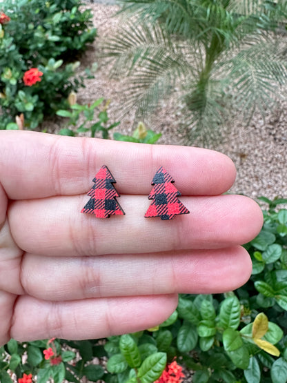 Red Buffalo Plaid Christmas Tree Stud | Christmas Earrings