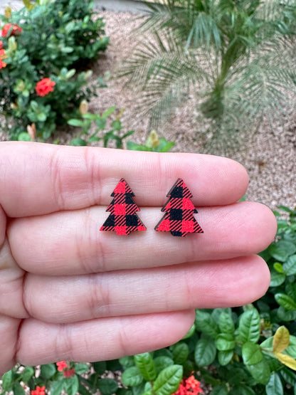 Red Buffalo Plaid Christmas Tree Stud | Christmas Earrings