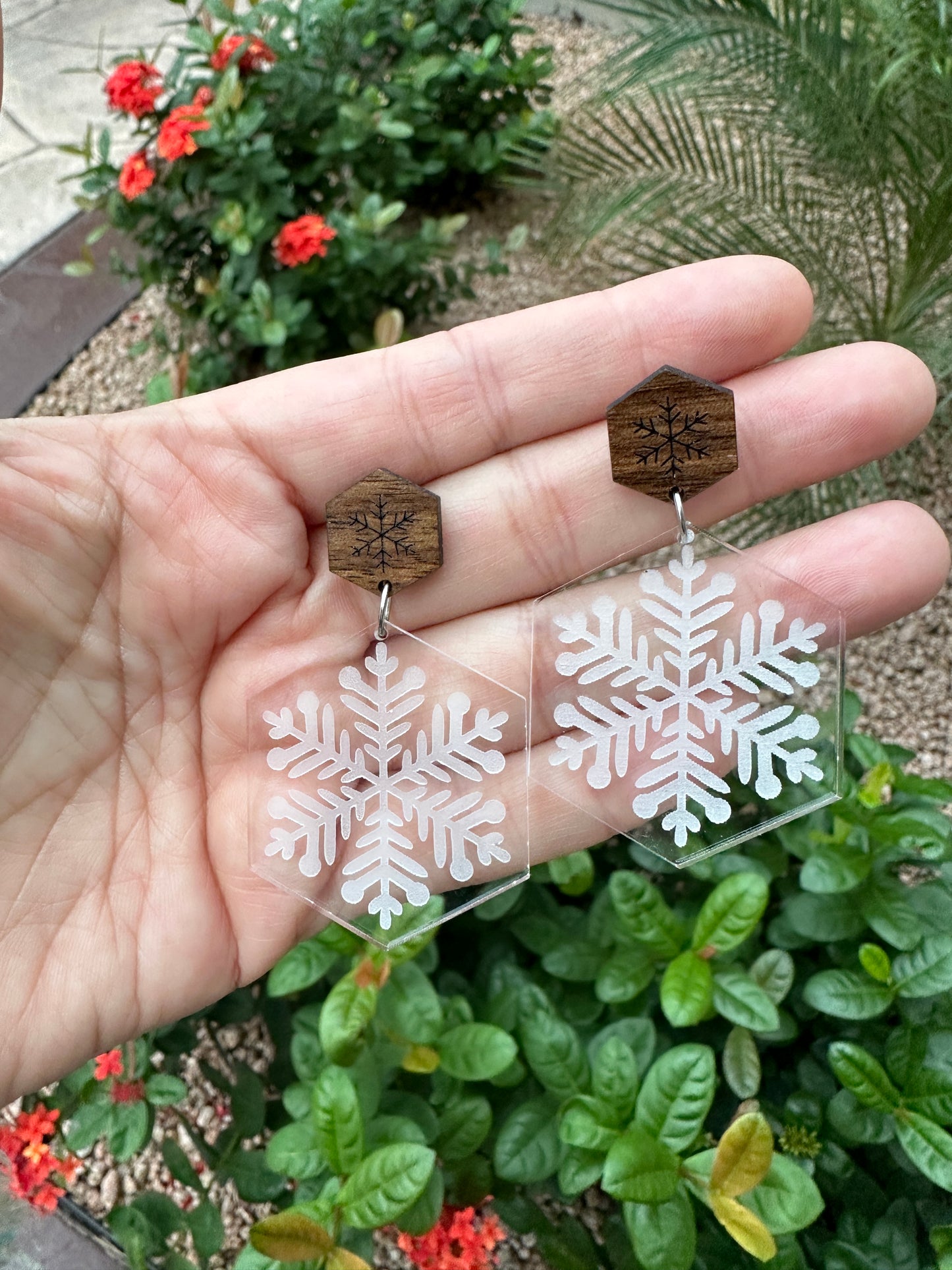 Snowflake Dangle & Walnut Stud | Christmas Earrings