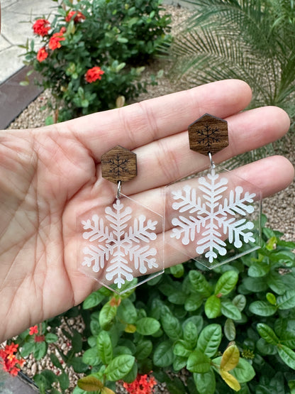 Snowflake Dangle & Walnut Stud | Christmas Earrings