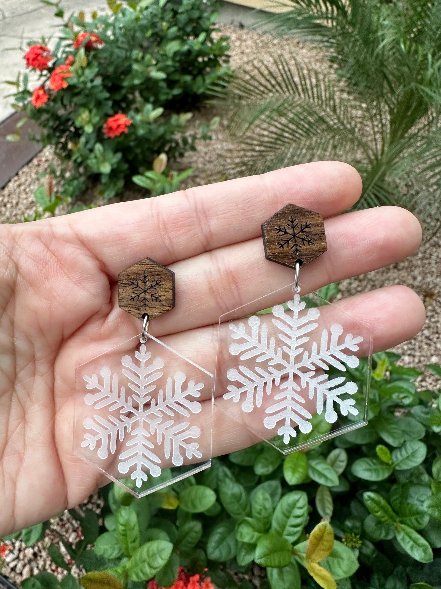 Snowflake Dangle & Walnut Stud | Christmas Earrings