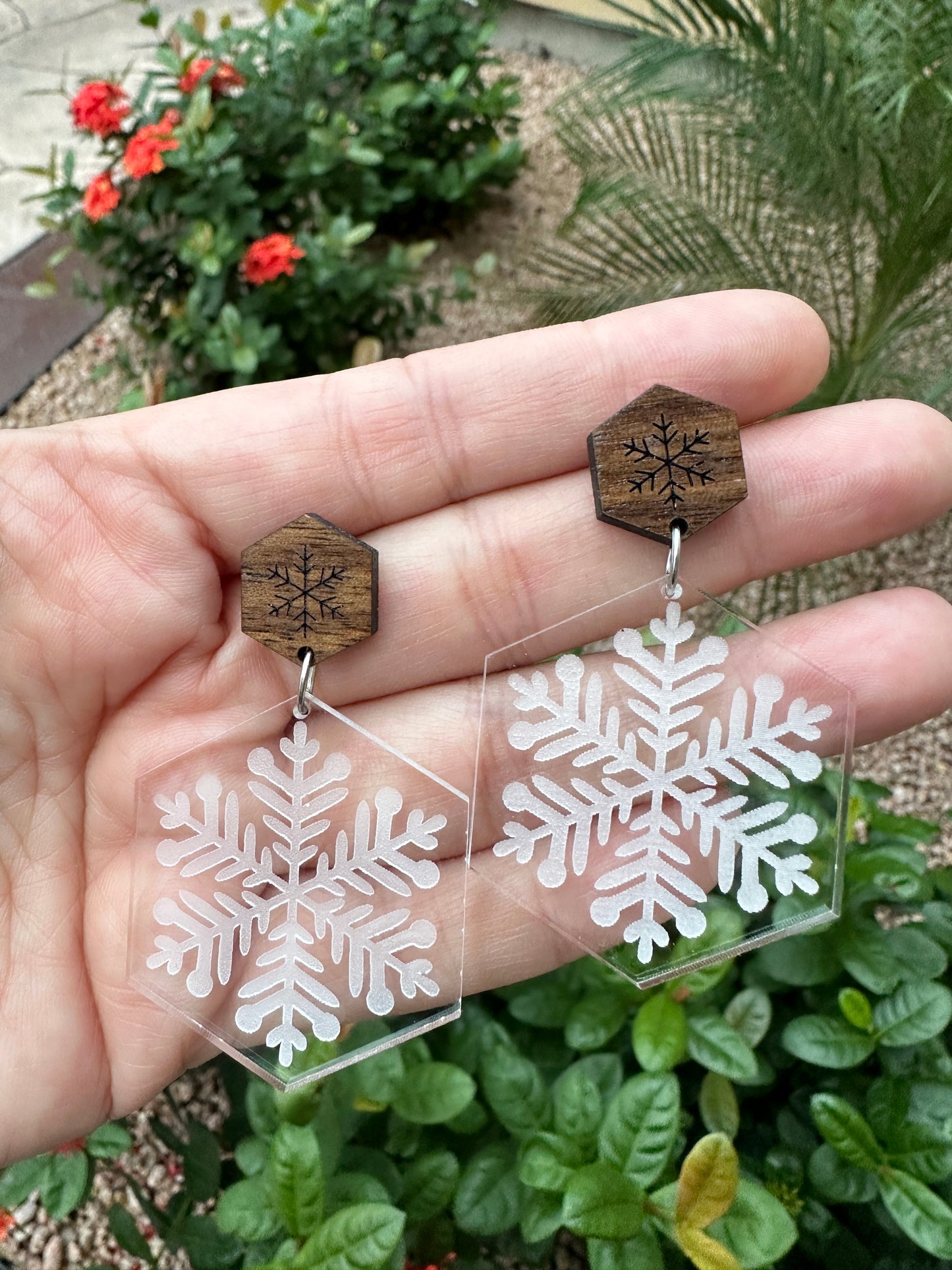 Snowflake Dangle & Walnut Stud | Christmas Earrings