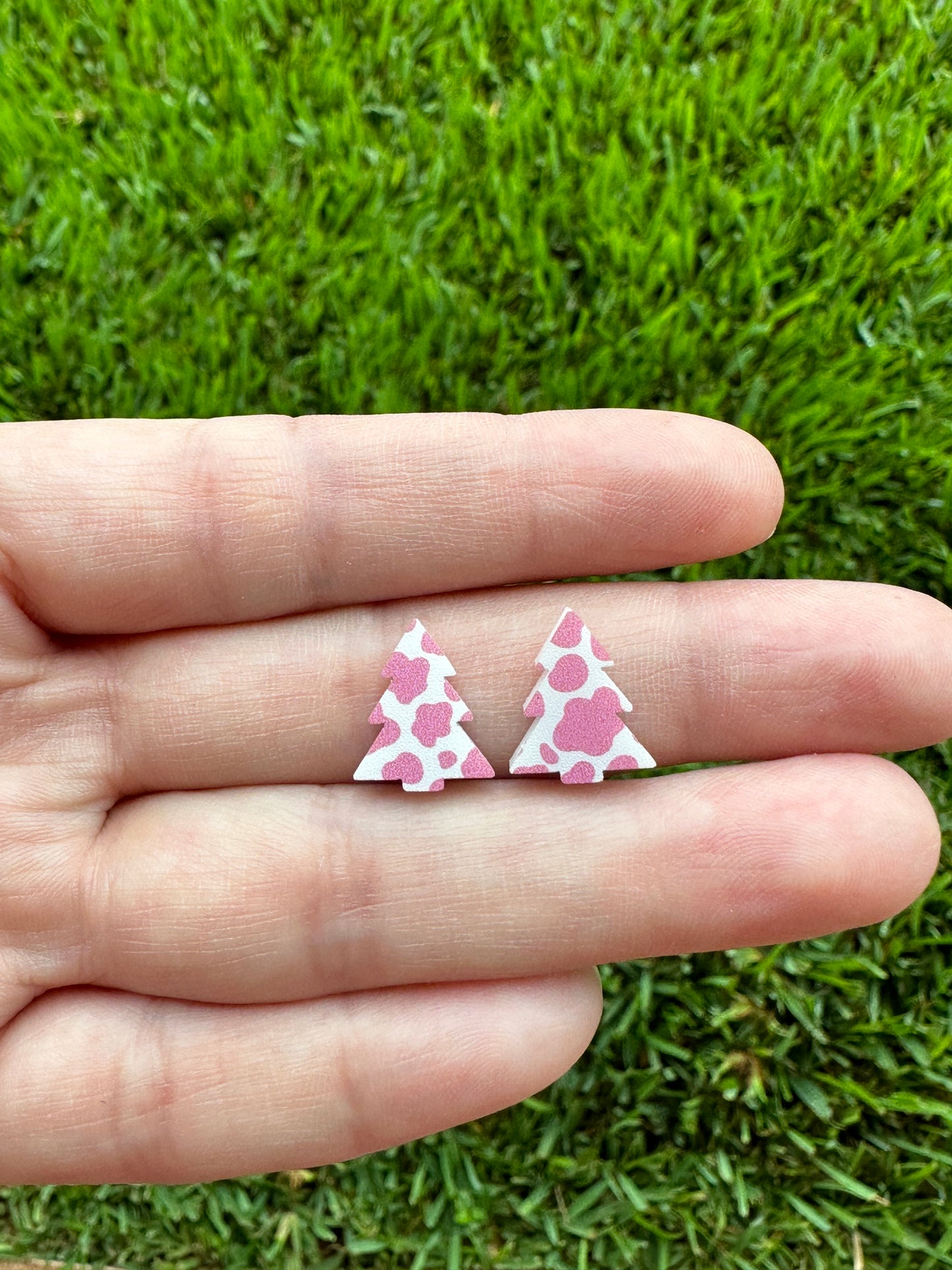 Pink Cow Print Christmas Tree Stud | Christmas Earrings