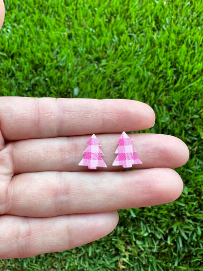 Pink Buffalo Plaid Christmas Tree Stud | Christmas Earrings