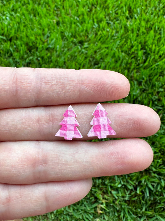 Pink Buffalo Plaid Christmas Tree Stud | Christmas Earrings