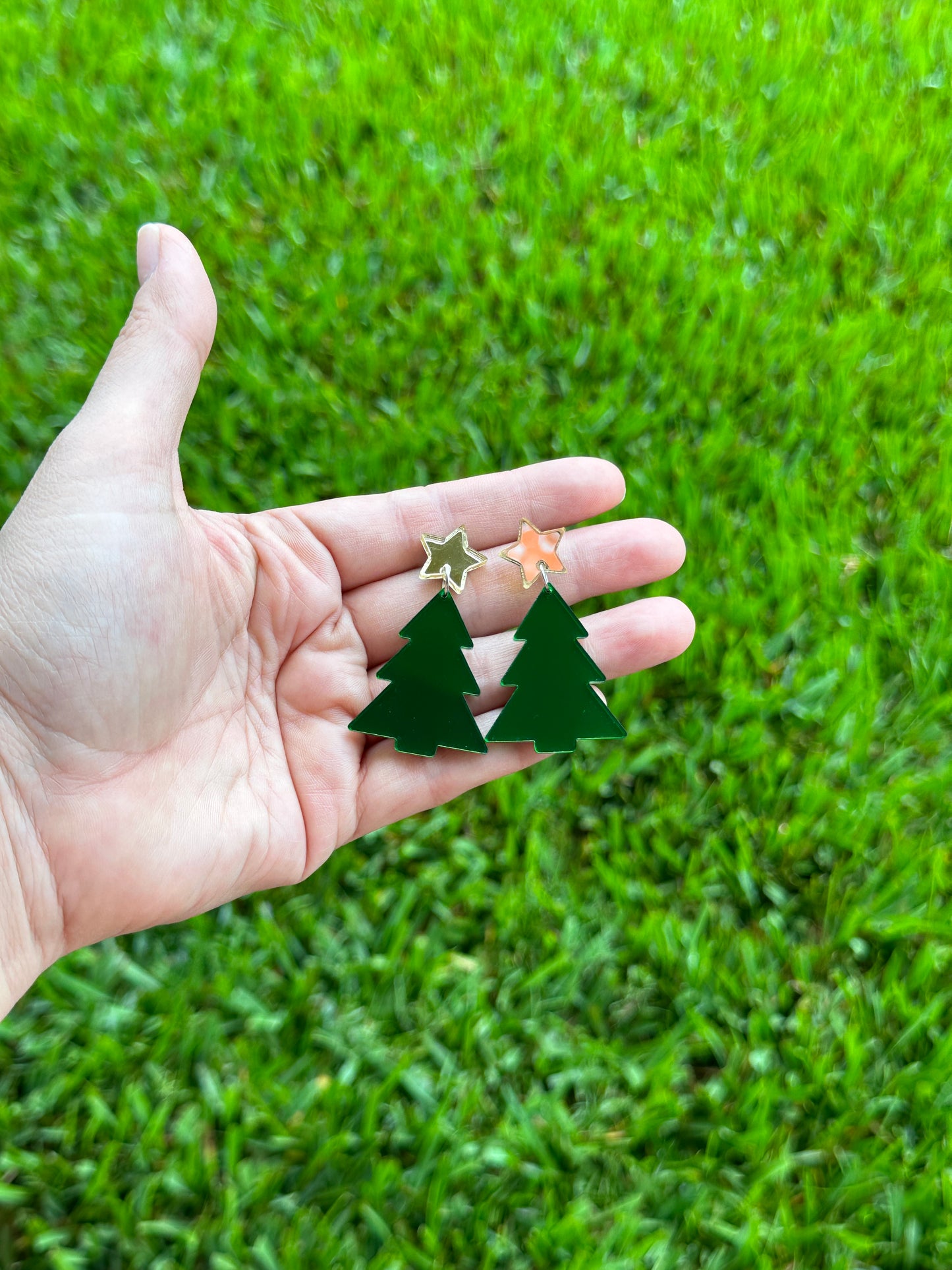 Green Mirror Christmas Tree Earrings | Holiday Earrings