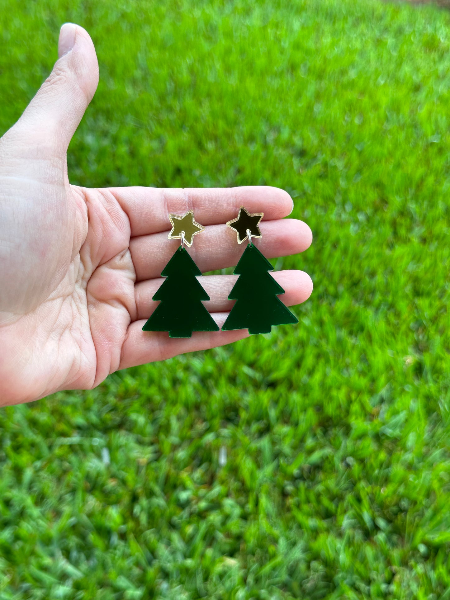 Green Mirror Christmas Tree Earrings | Holiday Earrings