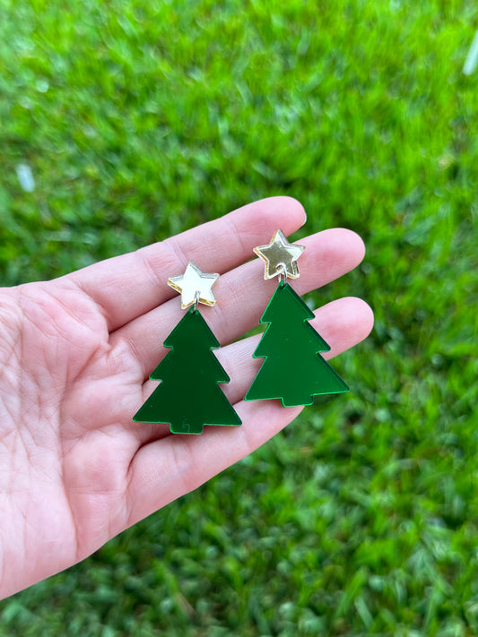 Green Mirror Christmas Tree Earrings | Holiday Earrings