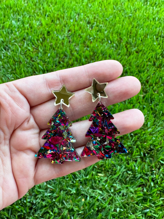 Pink Confetti Christmas Tree Earrings | Holiday Earrings