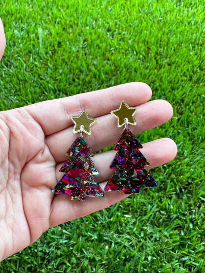 Pink Confetti Christmas Tree Earrings | Holiday Earrings