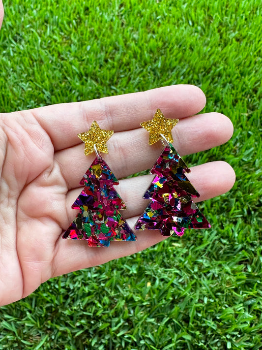 Pink Confetti Christmas Tree Earrings | Holiday Earrings