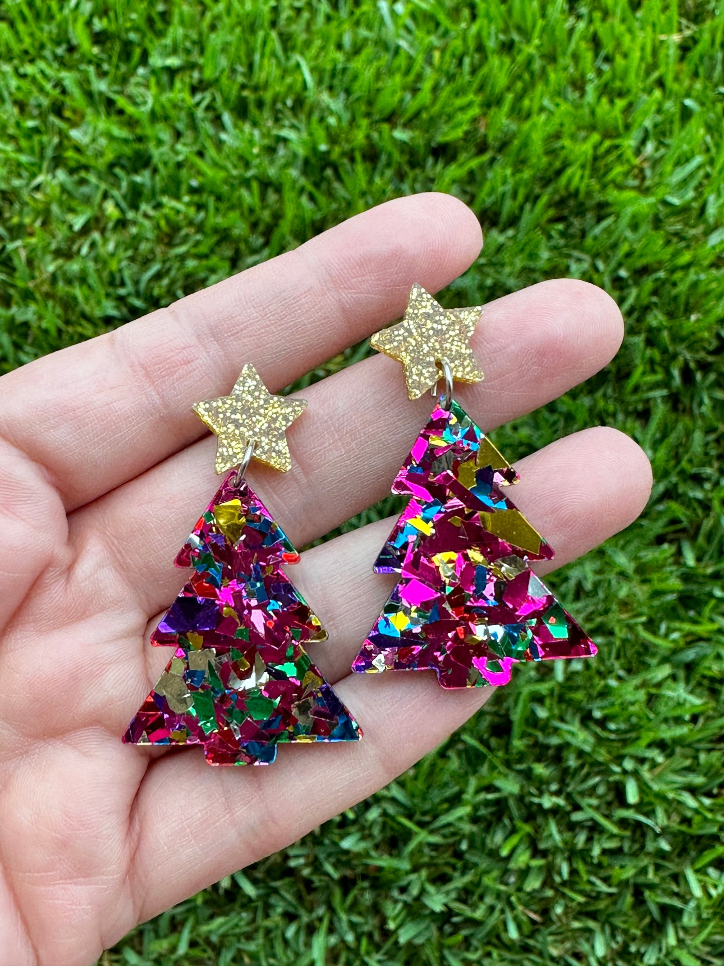 Pink Confetti Christmas Tree Earrings | Holiday Earrings