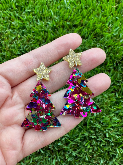 Pink Confetti Christmas Tree Earrings | Holiday Earrings