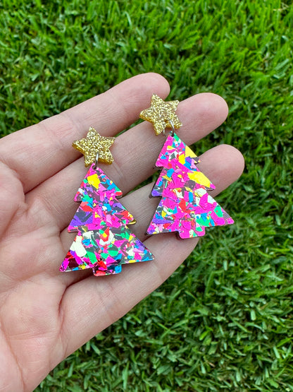 Pink Confetti Christmas Tree Earrings | Holiday Earrings