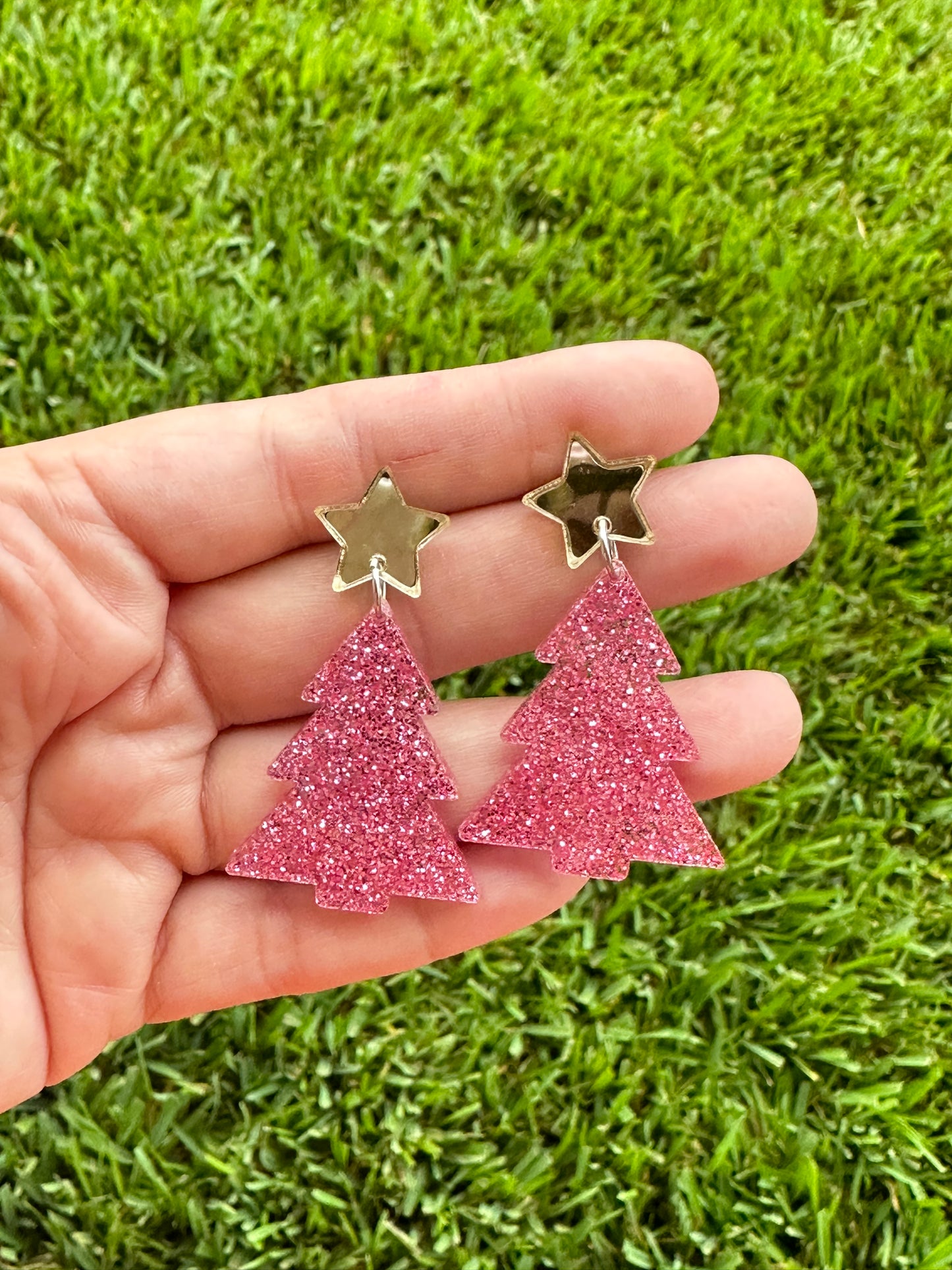 Pink Glitter Christmas Tree Earrings | Holiday Earrings