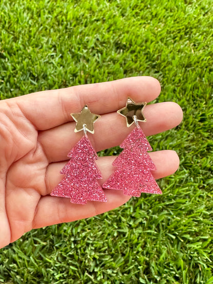 Pink Glitter Christmas Tree Earrings | Holiday Earrings