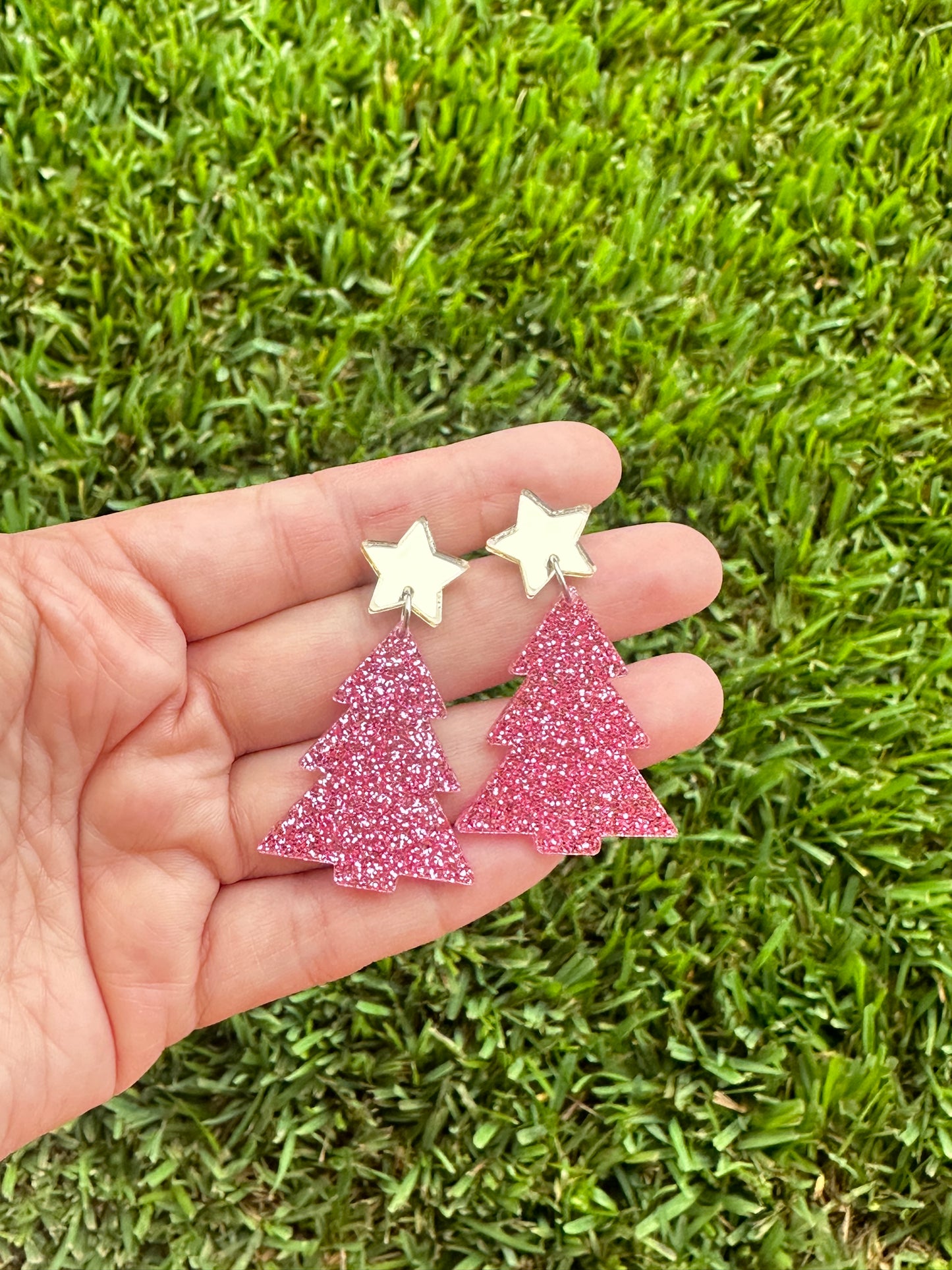 Pink Glitter Christmas Tree Earrings | Holiday Earrings