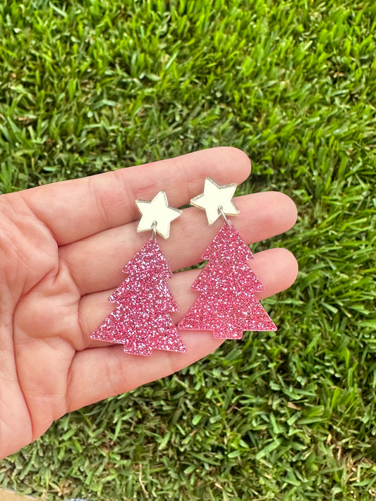 Pink Glitter Christmas Tree Earrings | Holiday Earrings