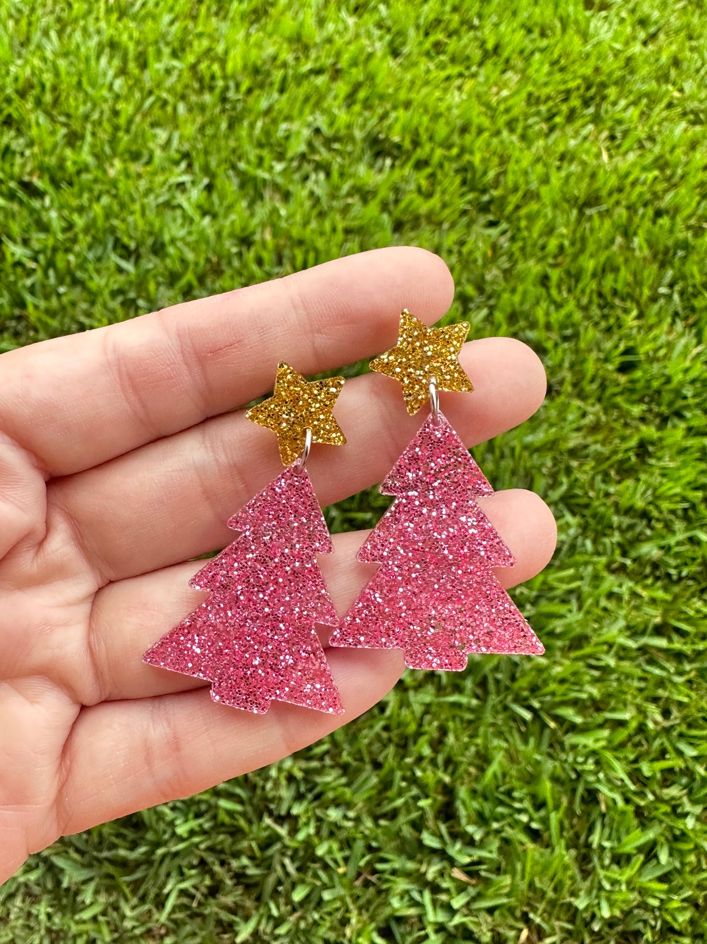 Pink Glitter Christmas Tree Earrings | Holiday Earrings