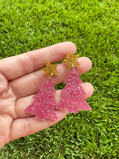 Pink Glitter Christmas Tree Earrings | Holiday Earrings